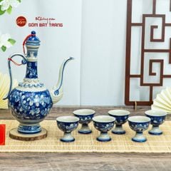 Bộ Bình Rượu Men Lam Vẽ Tay Hoa Lá Dây