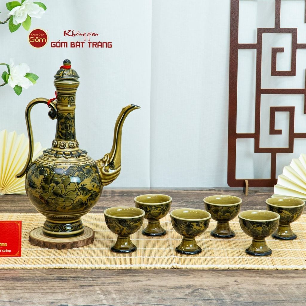 Bộ Bình Rượu Vẽ Tay Hoa Phù Dung Cổ