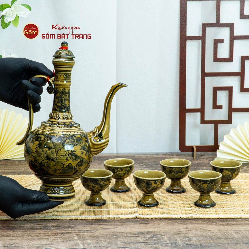 Bộ Bình Rượu Vẽ Tay Hoa Phù Dung Cổ