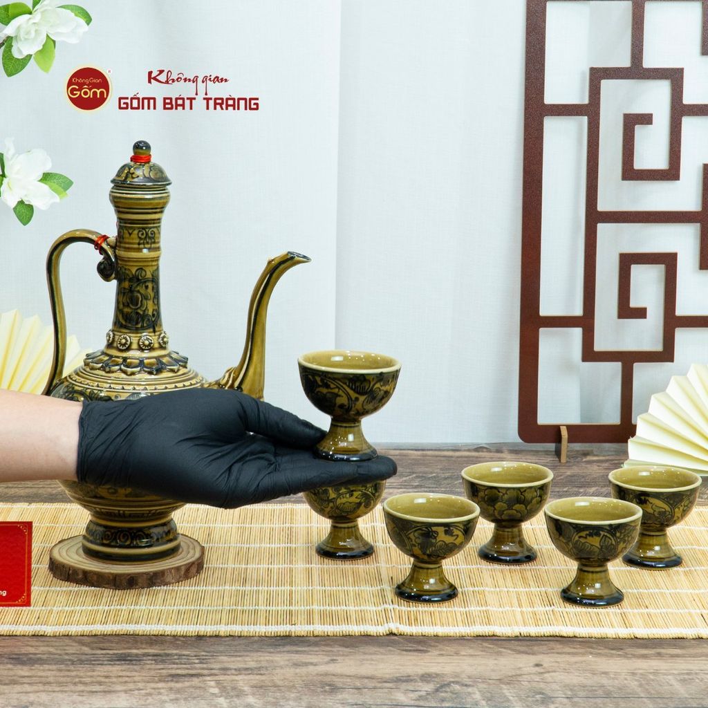 Bộ Bình Rượu Vẽ Tay Hoa Phù Dung Cổ