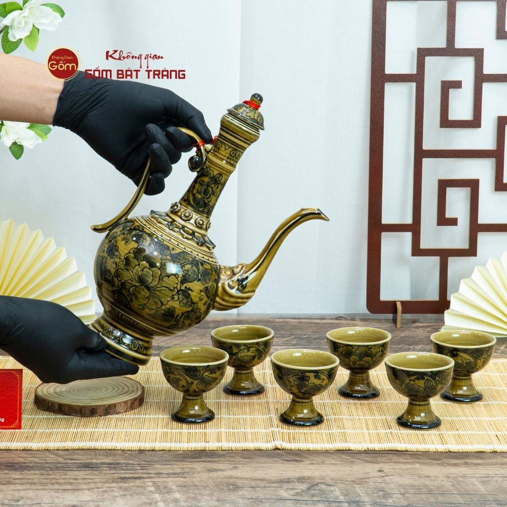 Bộ Bình Rượu Vẽ Tay Hoa Phù Dung Cổ