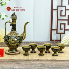 Bộ Bình Rượu Vẽ Tay Hoa Phù Dung Nền Đen