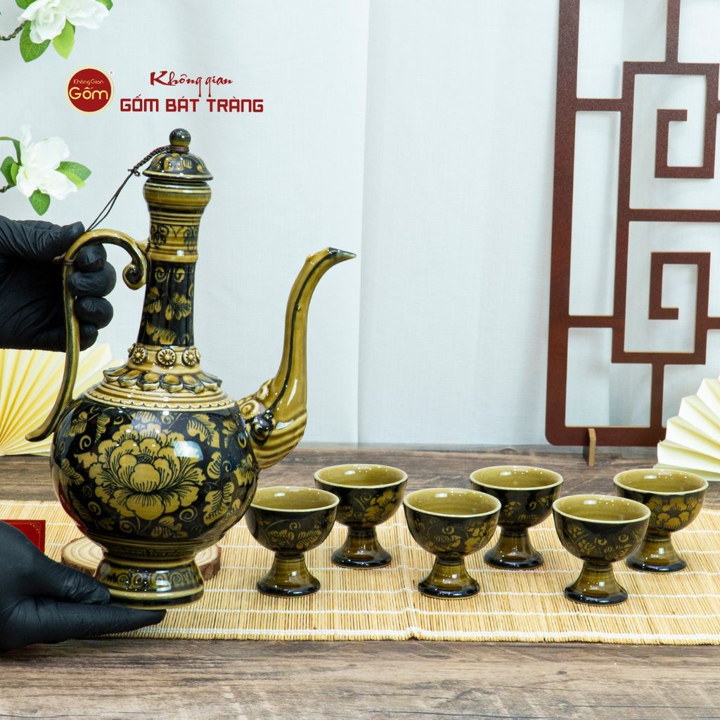 Bộ Bình Rượu Vẽ Tay Hoa Phù Dung Nền Đen