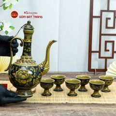 Bộ Bình Rượu Vẽ Tay Hoa Phù Dung Nền Đen