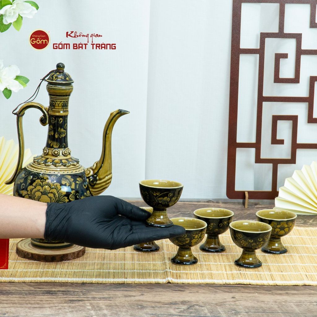 Bộ Bình Rượu Vẽ Tay Hoa Phù Dung Nền Đen