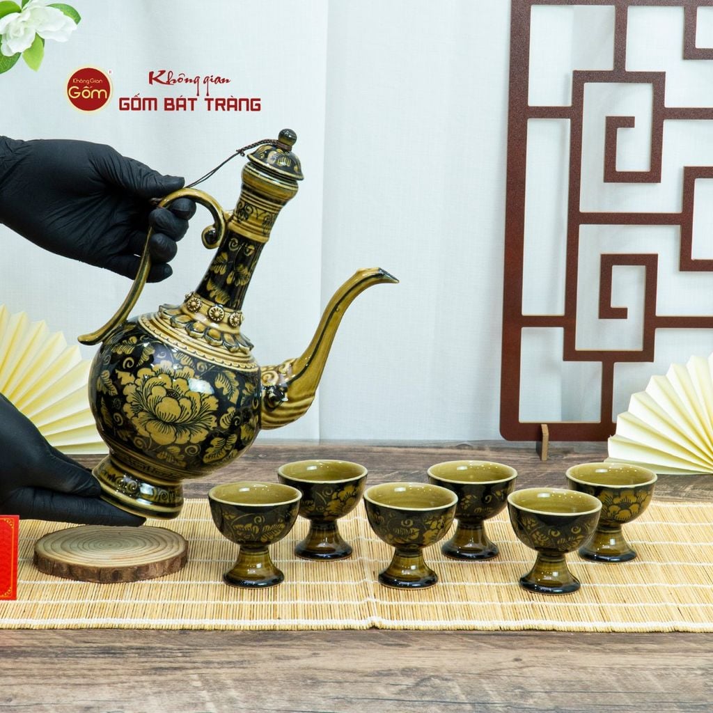 Bộ Bình Rượu Vẽ Tay Hoa Phù Dung Nền Đen