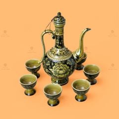 Bộ Bình Rượu Vẽ Tay Hoa Phù Dung Nền Đen