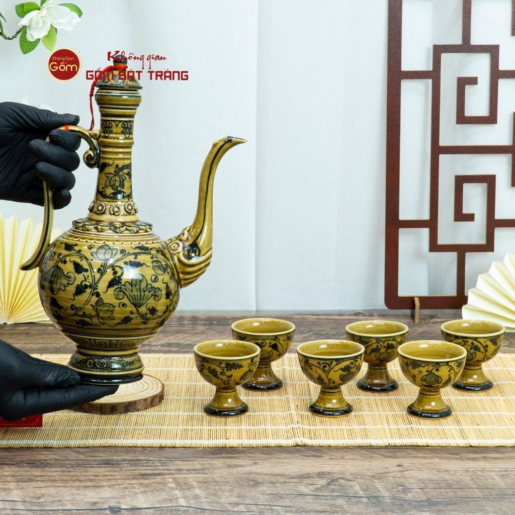 Bộ Bình Rượu Vẽ Tay Hoa Sen Dây