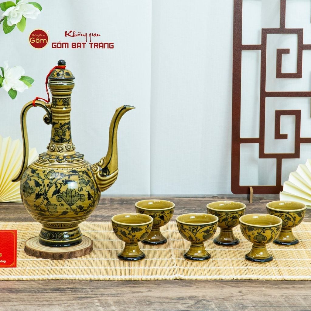 Bộ Bình Rượu Vẽ Tay Hoa Sen Dây