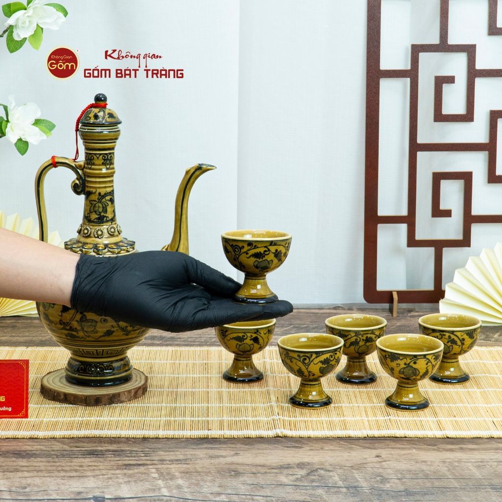 Bộ Bình Rượu Vẽ Tay Hoa Sen Dây