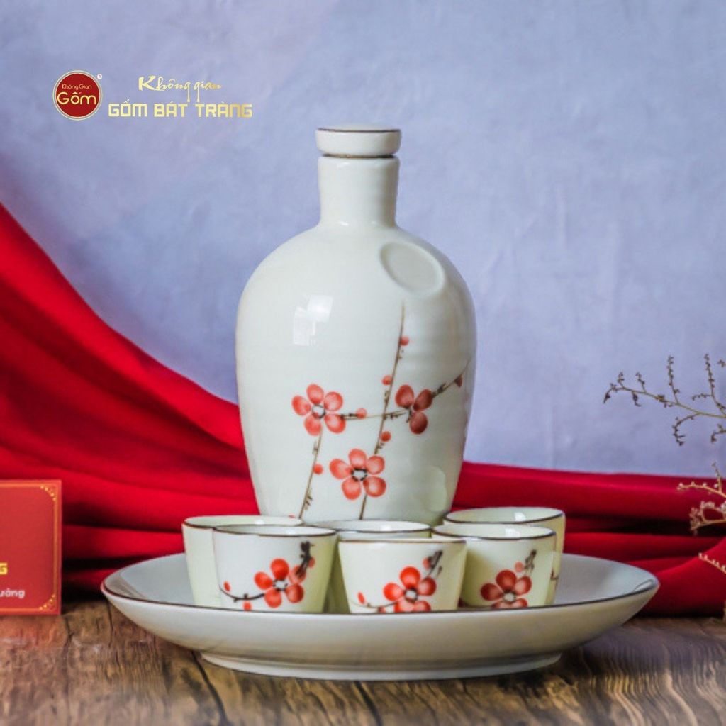 Bộ Nậm Rượu Hoa Đào Đỏ