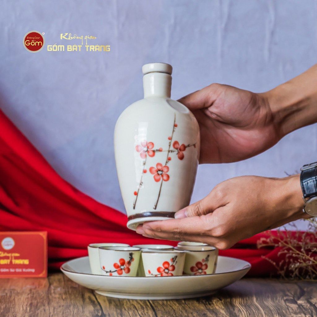 Bộ Nậm Rượu Hoa Đào Đỏ
