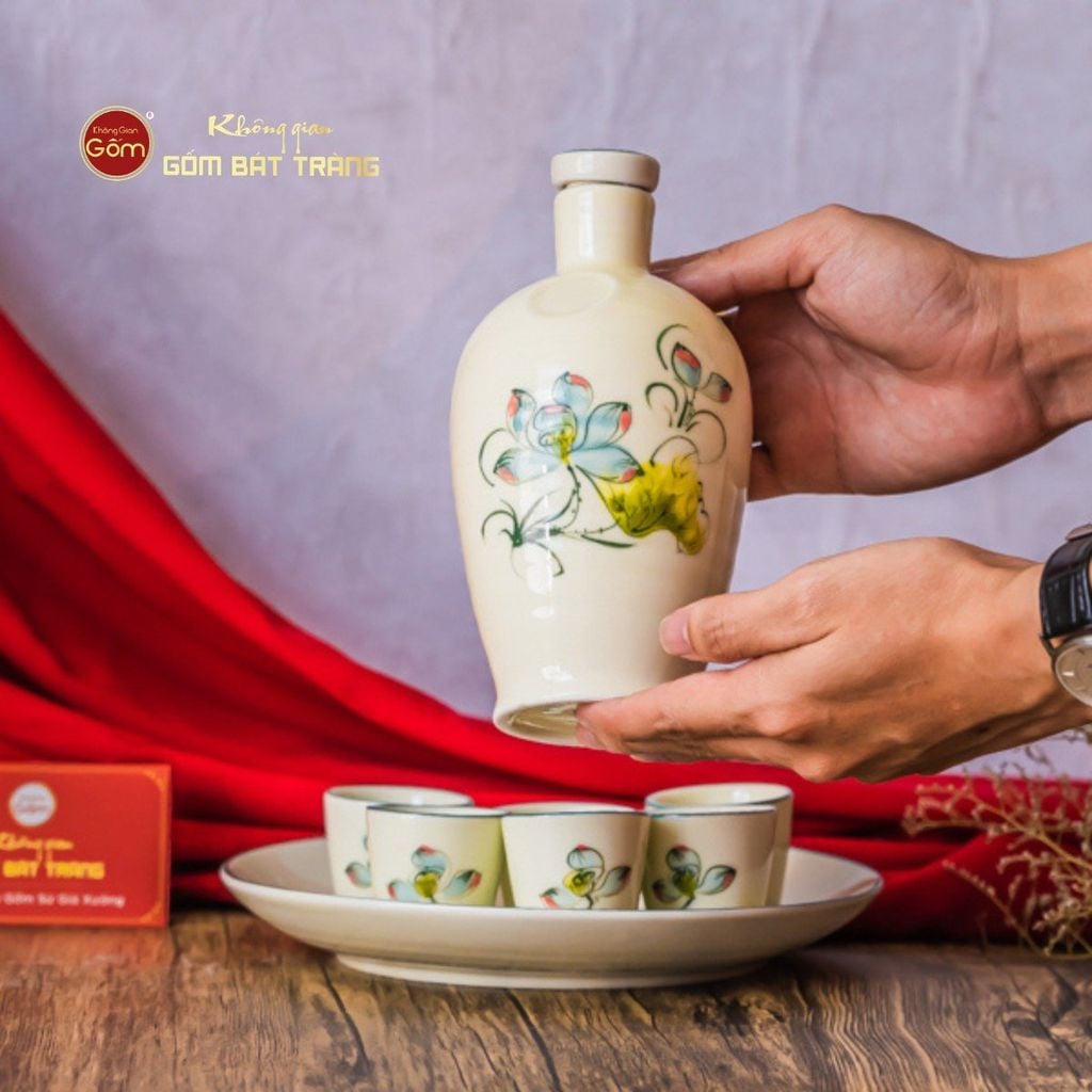 Bộ Nậm Rượu Hoa Sen Bóng