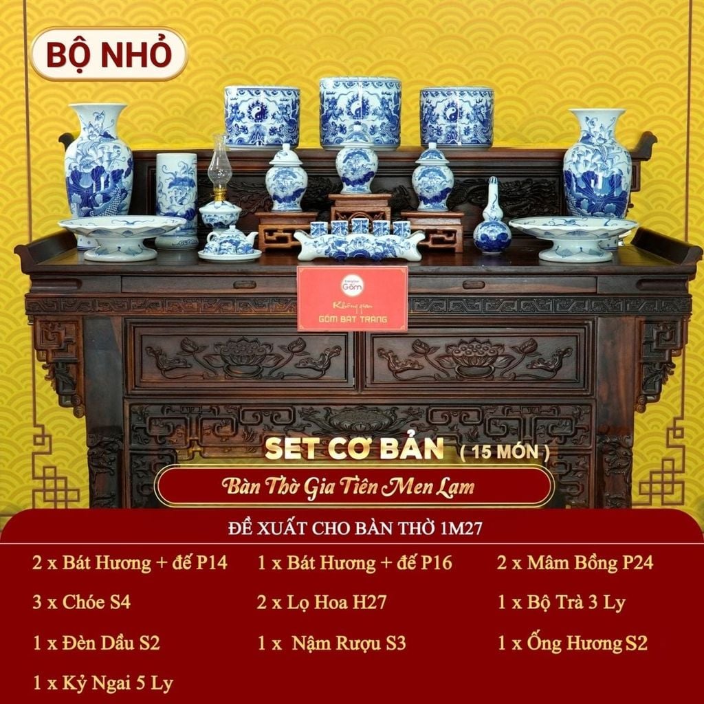 [Set Cơ Bản] Bộ Đồ Thờ Gia Tiên Men Lam (15 món)