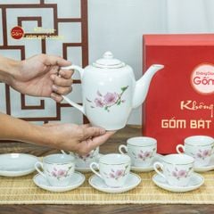 Bộ Trà Dáng Trống Hoa Đào Vẽ Vàng