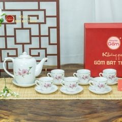 Bộ Trà Dáng Trống Hoa Đào Vẽ Vàng