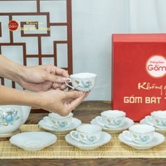 Bộ Trà Mẫu Đơn Ly Lượn Hoa Sen Xanh Vẽ Vàng