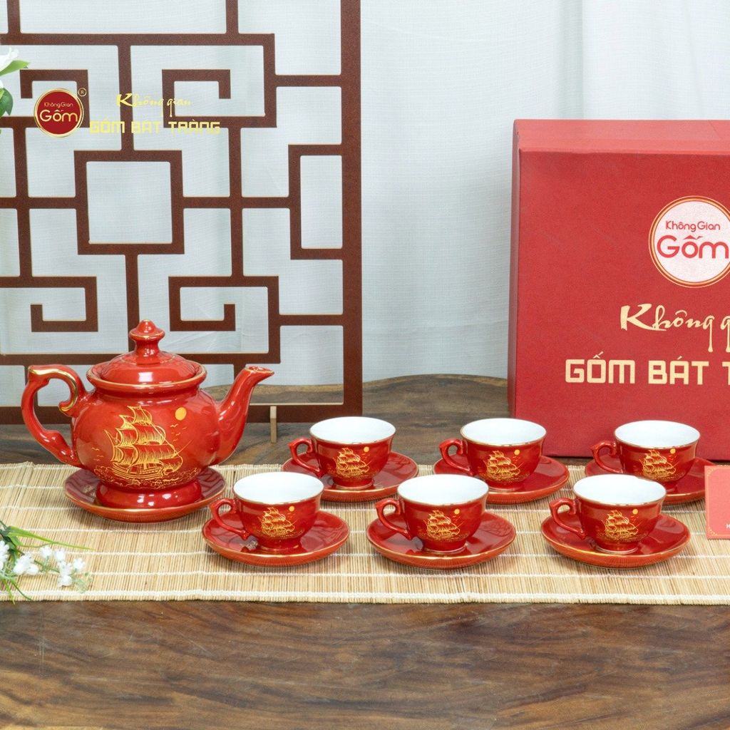 Bộ Trà Men Đỏ Đài Các Thuận Buồm Vẽ Vàng