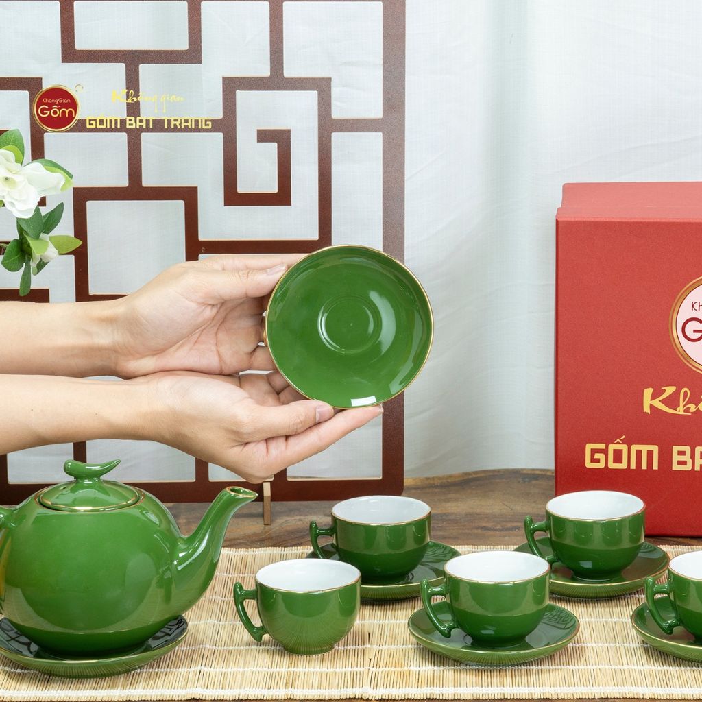 Bộ Trà Men Lục Bưởi Cành Kẻ Vàng