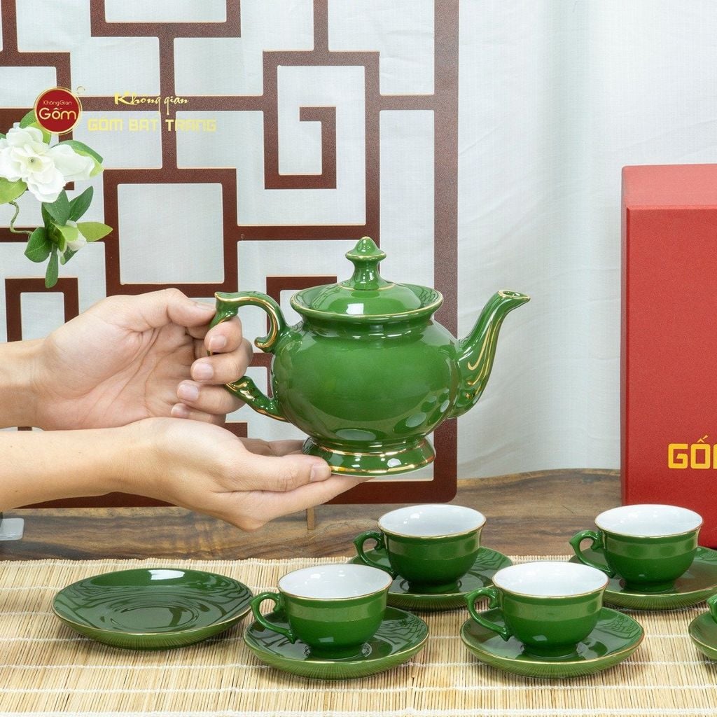 Bộ Trà Men Lục Đài Các Kẻ Vàng