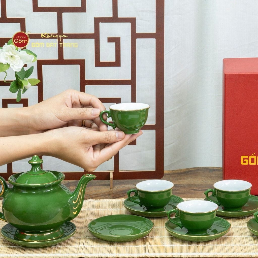 Bộ Trà Men Lục Đài Các Kẻ Vàng