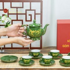 Bộ Trà Men Lục Đài Các Hoa Sen Vẽ Vàng