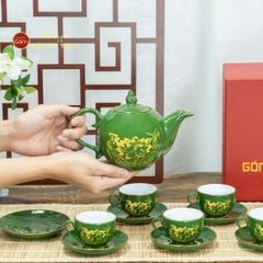 Bộ Trà Men Lục Ngọn Lửa Hoa Sen Vẽ Vàng