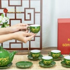 Bộ Trà Men Lục Ngọn Lửa Hoa Sen Vẽ Vàng