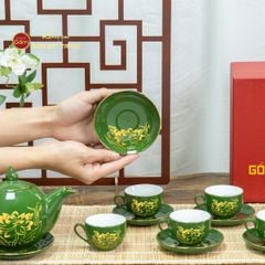 Bộ Trà Men Lục Ngọn Lửa Hoa Sen Vẽ Vàng