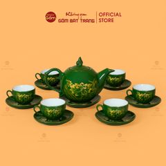 Bộ Trà Men Lục Ngọn Lửa Hoa Sen Vẽ Vàng