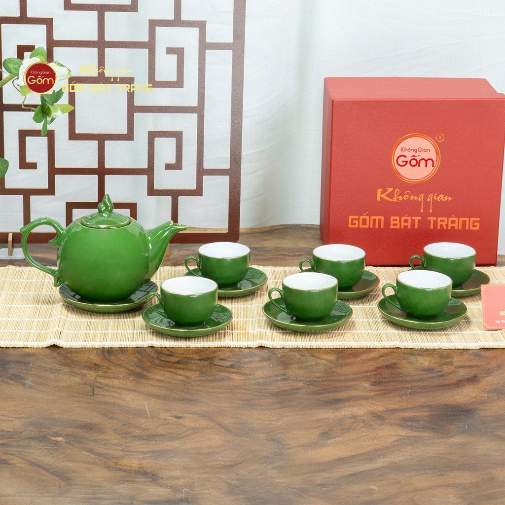 Bộ Trà Men Lục Ngọn Lửa Kẻ Vàng