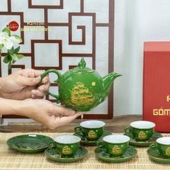 Bộ Trà Men Lục Ngọn Lửa Thuận Buồm Xuôi Gió Vẽ Vàng