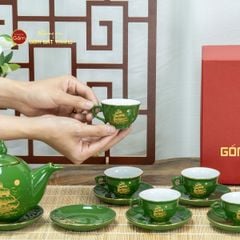 Bộ Trà Men Lục Ngọn Lửa Thuận Buồm Xuôi Gió Vẽ Vàng
