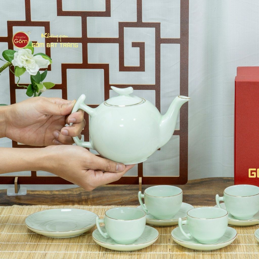 Bộ Trà Men Ngọc Bưởi Cành Vẽ Vàng