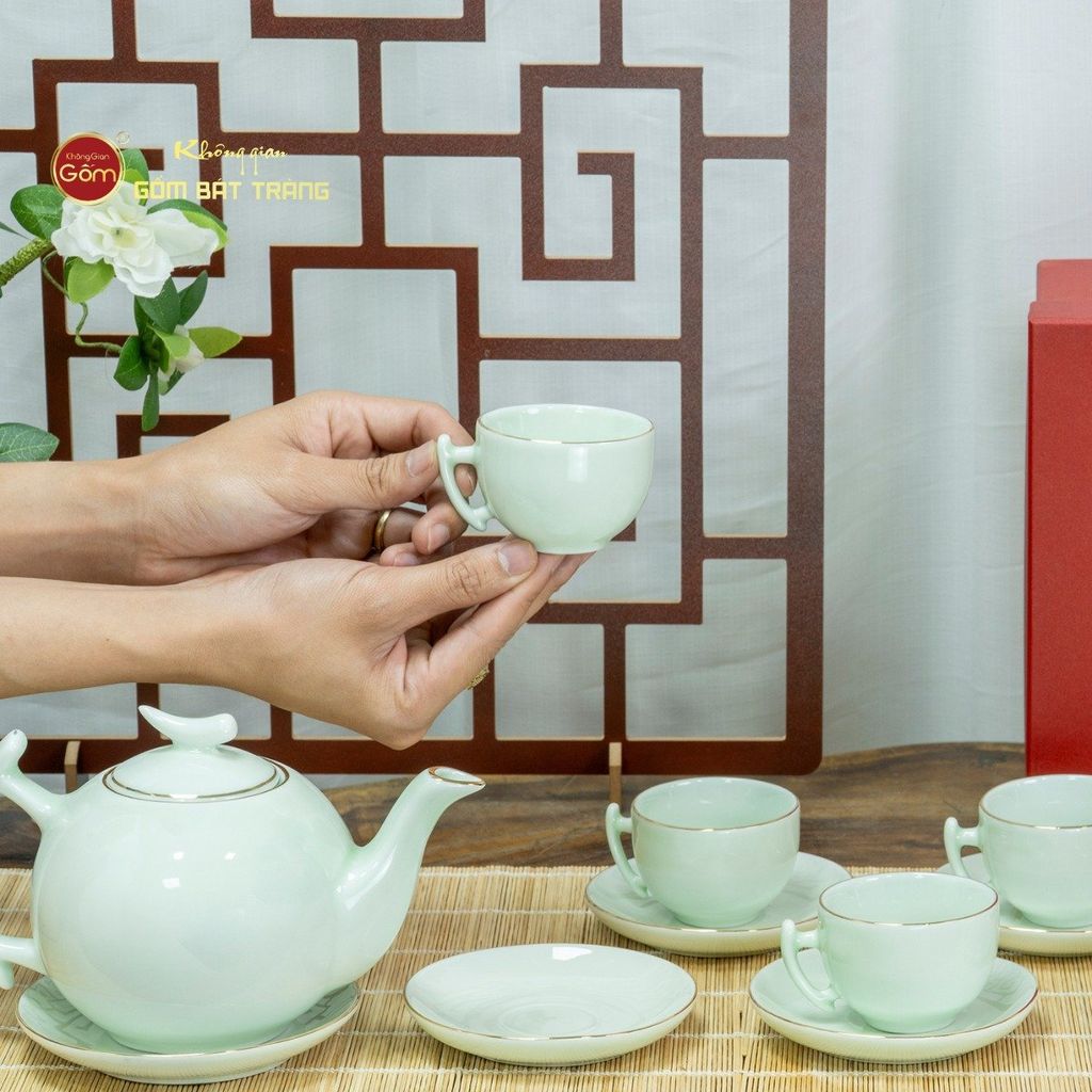 Bộ Trà Men Ngọc Bưởi Cành Vẽ Vàng