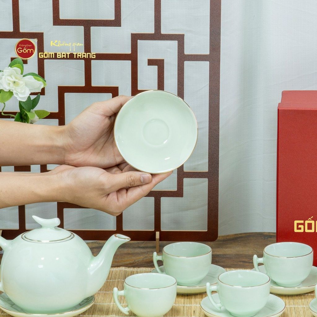 Bộ Trà Men Ngọc Bưởi Cành Vẽ Vàng