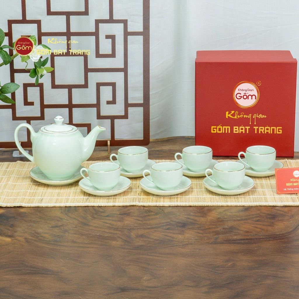 Bộ Trà Men Ngọc Dáng Minh Long Vẽ Vàng