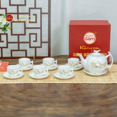 Bộ Trà Men Trắng Bưởi Cành Hoa Mộc Lan Vẽ Vàng