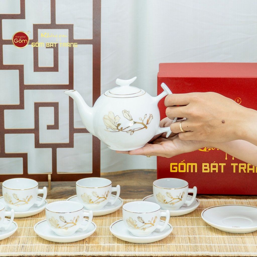 Bộ Trà Men Trắng Bưởi Cành Hoa Mộc Lan Vẽ Vàng