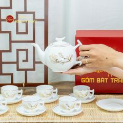 Bộ Trà Men Trắng Bưởi Cành Hoa Mộc Lan Vẽ Vàng