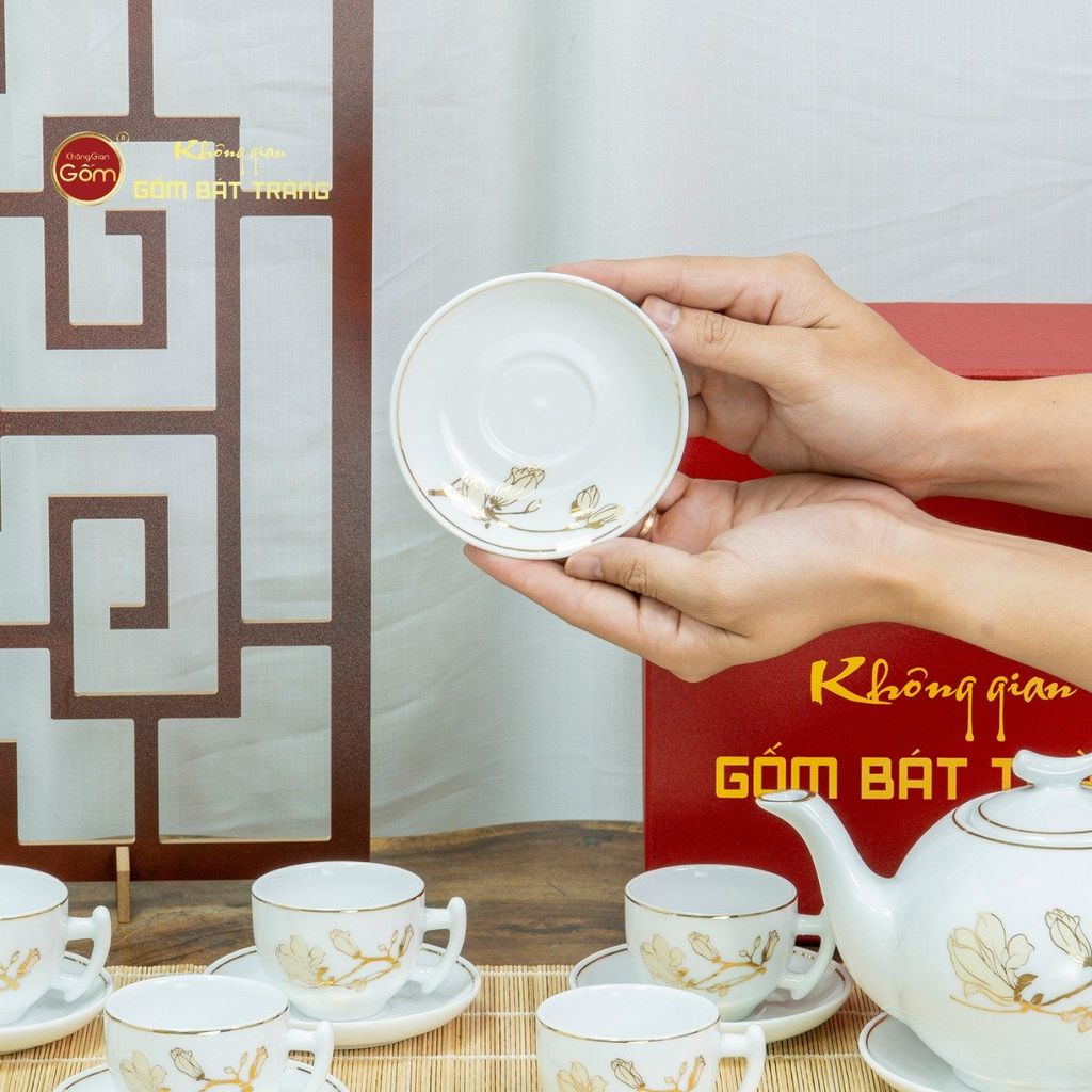 Bộ Trà Men Trắng Bưởi Cành Hoa Mộc Lan Vẽ Vàng