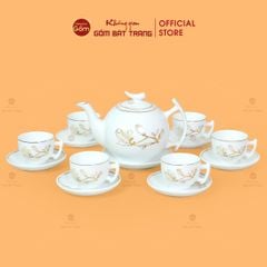 Bộ Trà Men Trắng Bưởi Cành Hoa Mộc Lan Vẽ Vàng