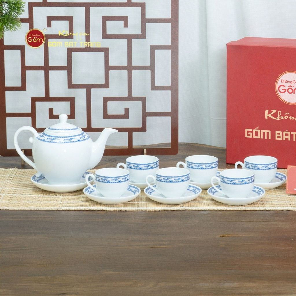 Bộ Trà Men Trắng Camelia Viền Chim Hạc Xanh