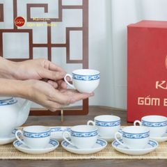 Bộ Trà Men Trắng Camelia Viền Chim Hạc Xanh