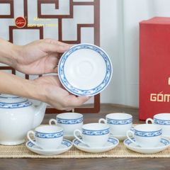 Bộ Trà Men Trắng Camelia Viền Chim Hạc Xanh