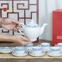 Bộ Trà Men Trắng Camelia Viền Chim Hạc Xanh