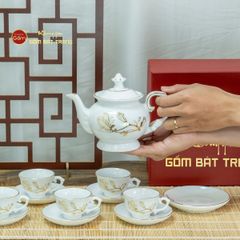 Bộ Trà Men Trắng Đài Các Hoa Mộc Lan Vẽ Vàng