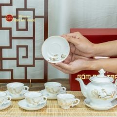 Bộ Trà Men Trắng Đài Các Hoa Mộc Lan Vẽ Vàng