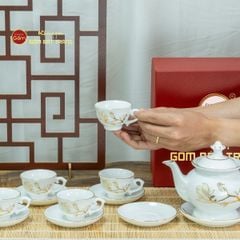 Bộ Trà Men Trắng Đài Các Hoa Mộc Lan Vẽ Vàng