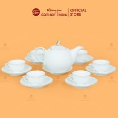 Bộ Trà Men Trắng Mẫu Đơn Ly Lượn Vẽ Vàng